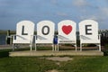 Chincoteague, Virginia U.S - September 21, 2021 - The front view of the Love giant chairs during the day