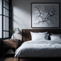 Chinece Clean Simple Style Bedroom Interior, Neutral Colors, Large bed, Side table with Lamp and Bonsai tree Generative Ai Royalty Free Stock Photo