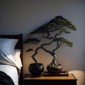 Chinece Clean Simple Style Bedroom Interior, Neutral Colors, Large bed, Side table with Lamp and Bonsai tree Generative Ai Royalty Free Stock Photo