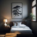 Chinece Clean Simple Style Bedroom Interior, Neutral Colors, Large bed, Side table with Lamp and Bonsai tree Generative Ai Royalty Free Stock Photo