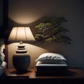 Chinece Clean Simple Style Bedroom Interior, Neutral Colors, Large bed, Side table with Lamp and Bonsai tree Generative Ai Royalty Free Stock Photo