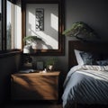 Chinece Clean Simple Style Bedroom Interior, Neutral Colors, Large bed, Side table with Lamp and Bonsai tree Generative Ai Royalty Free Stock Photo