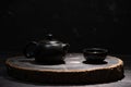 Chineese tea set on wooden table black background