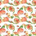 Chines fig peaches and leaves watercolor seamless pattern isolated on white. Whole ripe fruits painting. Flat peach hand Royalty Free Stock Photo