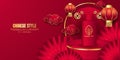Oriental Asian style paper fan flowers craft party decoration with podium stand and skin care product on red packaging. Traditiona