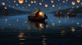 lantern water lamp light celebration boat night festival travel river. Generative AI.