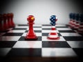 Chinese and American flag textured pawns on chessboard. 3D illustration Royalty Free Stock Photo