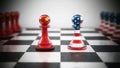 Chinese and American flag textured pawns on chessboard. 3D illustration Royalty Free Stock Photo