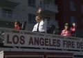 Chinese-American LA Fire Dept waves at 115th Golden Dragon Parade, Chinese New Year, 2014, Year of the Horse, Los Angeles Royalty Free Stock Photo