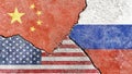 Chinese, American, and Russian flag on a cracked background-politics, war concept Royalty Free Stock Photo