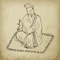 Chinese ancient doctor, old medicine vector illustration on old paper. Herbal treatment. Alternative medicine. Chinese