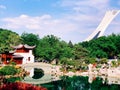 A Chinese ancient pavilion by the lake gardens at Montreal Botanical Garden Royalty Free Stock Photo