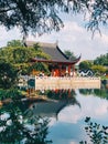 A Chinese ancient pavilion by the lake gardens at Montreal Botanical Garden Royalty Free Stock Photo