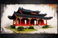 Chinese ancient temple. Digital painting..Watercolor paint. Digital art, Generative AI Royalty Free Stock Photo