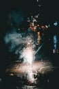 Chinese ancient town rainy night fireworks