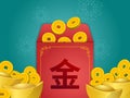 Chinese Angpao with golden coin and ingot in front green background. Chinese wording : Gold. Suitable for graphic, banner, card,