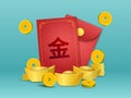Chinese Angpao with golden coin and ingot in front green background. Chinese wording : Gold. Suitable for graphic, banner, card,