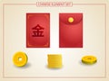 Chinese Angpao red color with golden coins in papercut style. Chinese wording: Gold. Suitable for graphic, banner, card, flyer and