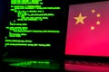 Chinese anonymous hackers. China flag and programming code in background