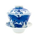 Chinese antique blue and white tea bowl, cover and saucer, Royalty Free Stock Photo