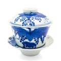 Chinese antique blue and white tea bowl, cover and saucer, Royalty Free Stock Photo