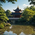 The Chinese architecture of pavilion with corridor bridge in the pond has a tree... Royalty Free Stock Photo