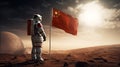 A Chinese astronaut sets up a Chinese flag on an alien planet.