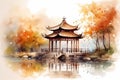 Chinese, autumn garden with a house, with a bridge near the lake (China) watercolor drawing Royalty Free Stock Photo