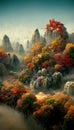 Chinese autumn landscape with autumn trees and majestic mountains. Season background. Digital art.