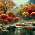 Chinese autumn landscape with autumn trees and majestic mountains. Season background. Digital art.