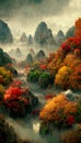 Chinese autumn landscape with autumn trees and majestic mountains. Season background. Digital art.