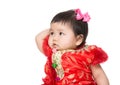 Chinese baby girl touching head Royalty Free Stock Photo