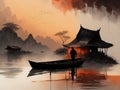 Chinese background ,boat, red sun, Old cottage. Lakeside. Morning light