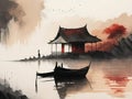 Chinese background ,boat, red sun, Old cottage. Lakeside. Morning light