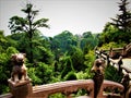 Chinese balcony, lions and forest, architecture and nature