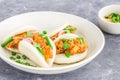 Chinese Bao Buns with Crispy Fried Chicken, Top View Food, Asian Food Photography