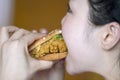 Chinese beauty girl eat hamburger, side face closeup Royalty Free Stock Photo