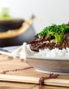 Chinese beef and broccoli on rice closeup Royalty Free Stock Photo