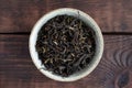 Chinese black tea in cup on wooden background. Dianhong