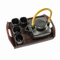 Chinese black teapot and teacups on the wooden trivet Royalty Free Stock Photo