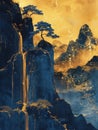 Chinese Blue and gold waterfall mountain landscape watercolor ink painting Royalty Free Stock Photo