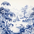 Chinese Blue And White Mural: Digital Airbrushed Garden And River