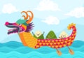 Chinese boat festival. Dragons festivity ship, cartoon asian food symbol. Rice dumplings floating in sea, chinese zongzi