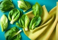 Chinese Bok Choy over blue color tea towel background