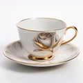 Chinese bone porcelain, teacup with gold pattern on a saucer, white background. Generative AI