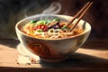 chinese bowl with noodles and chopsticks on wooden table with smoke Royalty Free Stock Photo