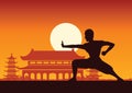 Chinese Boxing Kung Fu martial art famous sport,monk Train to fight,around with Chinese temple,sunset silhouette design