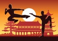 Chinese Boxing Kung Fu martial art famous sport,two boxer fight together around with Chinese temple