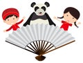 Chinese boy and girl with panda behind the fan