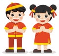 Chinese boy and girl standing respect.